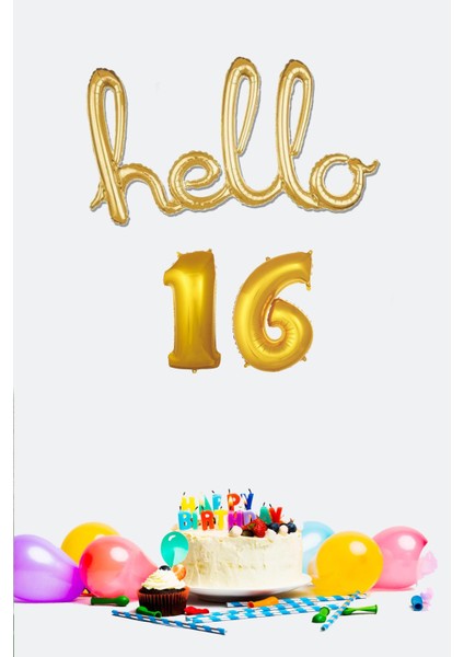 16 Yaş Doğum Günü Balonları - Hello 16 El Yazısı Gold Renk Folyo Balon