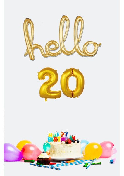20 Yaş Doğum Günü Balonları - Hello 20 El Yazısı Gold Renk Folyo Balon