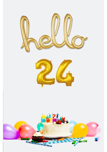24 Yaş Doğum Günü Balonları - Hello 24 El Yazısı Gold Renk Folyo Balon