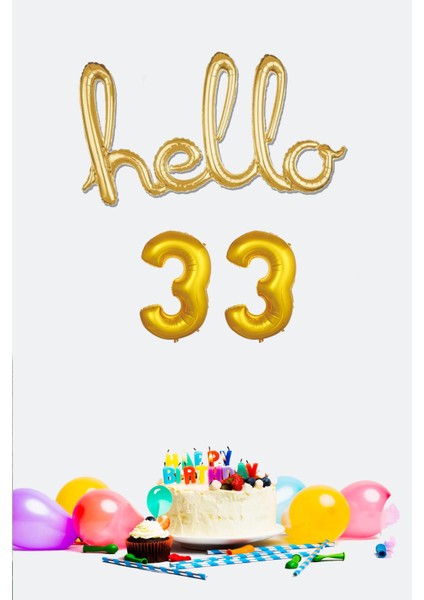 33 Yaş Doğum Günü Balonları - Hello 33 El Yazısı Gold Renk Folyo Balon
