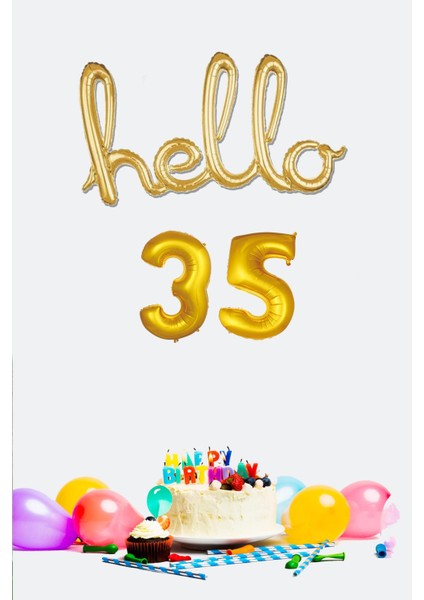 35 Yaş Doğum Günü Balonları - Hello 35 El Yazısı Gold Renk Folyo Balon