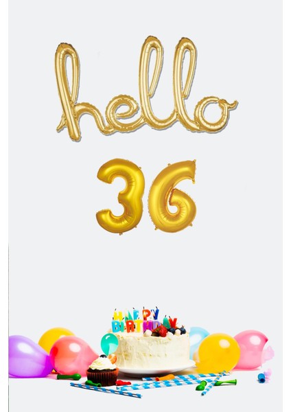 36 Yaş Doğum Günü Balonları - Hello 36 El Yazısı Gold Renk Folyo Balon