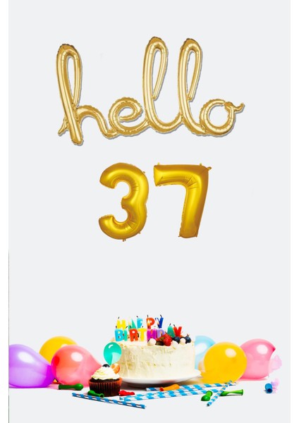 37 Yaş Doğum Günü Balonları - Hello 37 El Yazısı Gold Renk Folyo Balon