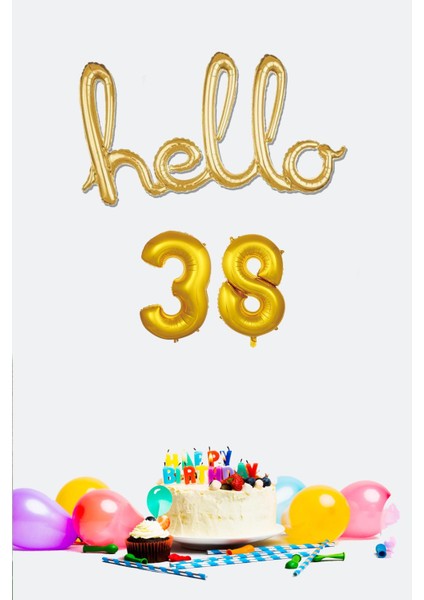 38 Yaş Doğum Günü Balonları - Hello 38 El Yazısı Gold Renk Folyo Balon