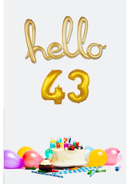 43 Yaş Doğum Günü Balonları - Hello 43 El Yazısı Gold Renk Folyo Balon