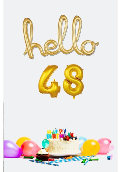 48 Yaş Doğum Günü Balonları - Hello 48 El Yazısı Gold Renk Folyo Balon