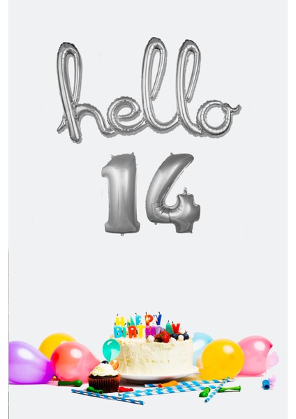 14 Yaş Doğum Günü Balonları - Hello 14 El Yazısı Gümüş Renk Folyo Balon