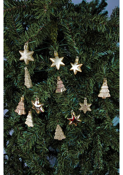 12LI Yıldız ve Ağaç Figürlü Yılbaşı Süsü Altın