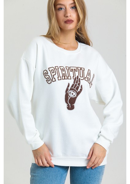 Spiritüel Nakışlı Kalın Içi Polarlı Oversize Sweatshirt