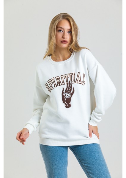 Spiritüel Nakışlı Kalın Içi Polarlı Oversize Sweatshirt modelleri
