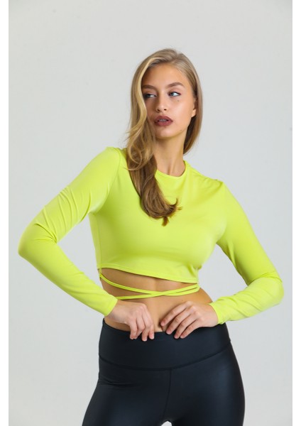 Neon Yeşil Bağlama Detaylı Crop Bluz