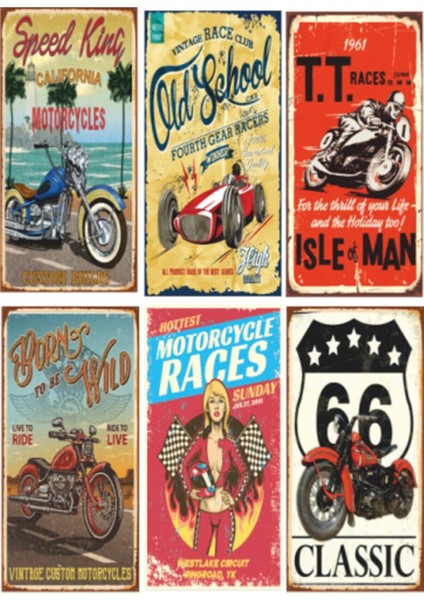 Araba Motor 6lı Retro Ahşap Poster Seti-3
