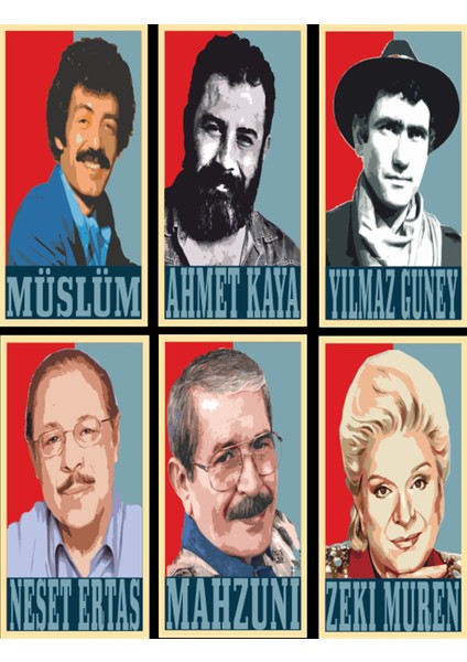 Müslüm Ahmet Kaya Yılmaz Güney Zeki Müren Neşet Ertaş Mahzuni 6lı Mini Retro Ahşap Poster Seti