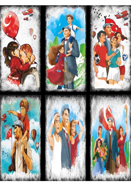 Mustafa Kemal Atatürk Çocuklar ve Gençlerle 6lı Mini Retro Ahşap Poster Seti Uv Baskılı