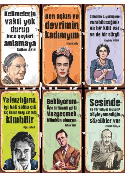 Gülten Akın, Virginia. Woolf, Oğuz Atay, Orhan Veli, Cemal Süreya 6lı Mini Ahşap Poster Seti