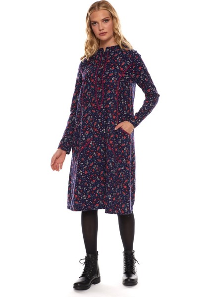 Pazen Lacivert Çiçek Desen Kısa Elbise