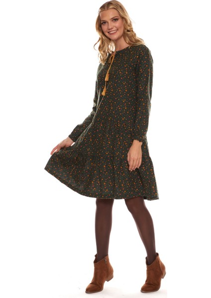 Haki Uzun Kol Pazen Püskül Yaka Kısa Elbise