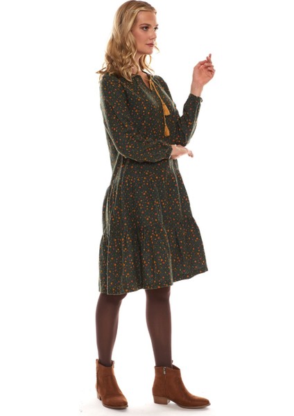 Haki Uzun Kol Pazen Püskül Yaka Kısa Elbise modelleri