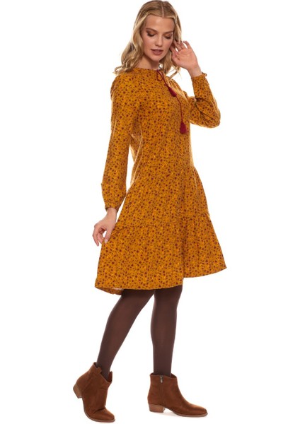 Hardal Uzun Kol Pazen Püskül Yaka Kısa Elbise