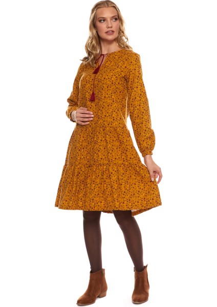 Hardal Uzun Kol Pazen Püskül Yaka Kısa Elbise fiyatları