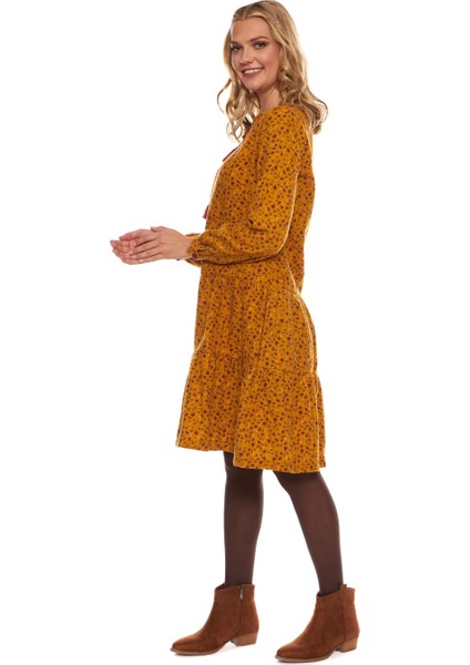 Hardal Uzun Kol Pazen Püskül Yaka Kısa Elbise modelleri