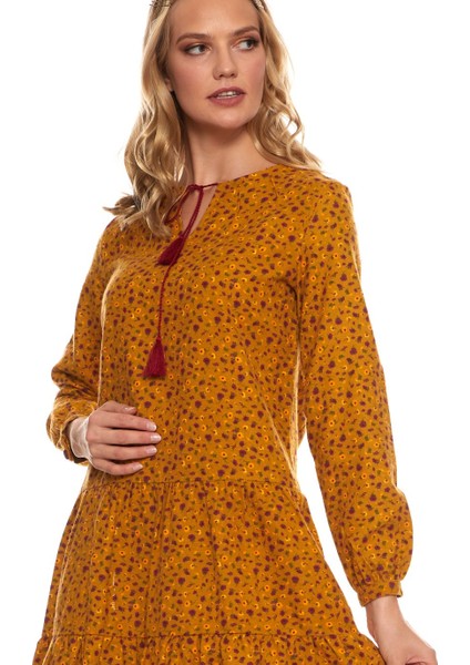 Hardal Uzun Kol Pazen Püskül Yaka Kısa Elbise indirimleri