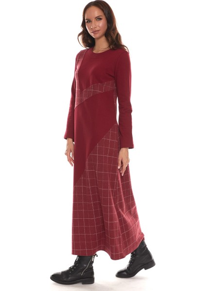 Uzun Kol Pazen Bordo Kare Desen Nehir Elbise fiyatları