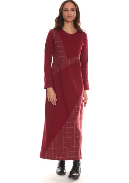 Uzun Kol Pazen Bordo Kare Desen Nehir Elbise modelleri