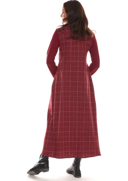 Uzun Kol Pazen Bordo Kare Desen Nehir Elbise fırsatları