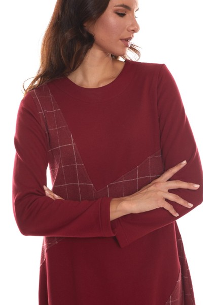 Uzun Kol Pazen Bordo Kare Desen Nehir Elbise indirimleri