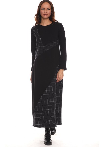 Uzun Kol Pazen Siyah Kare Desen Nehir Elbise