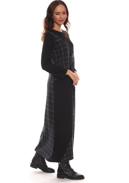 Uzun Kol Pazen Siyah Kare Desen Nehir Elbise fiyatları