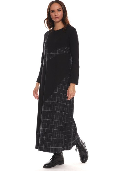 Uzun Kol Pazen Siyah Kare Desen Nehir Elbise modelleri