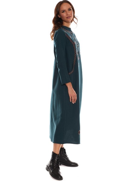 Uzun Kol Pazen Petrol Nakışlı Uzun Elbise fiyatları