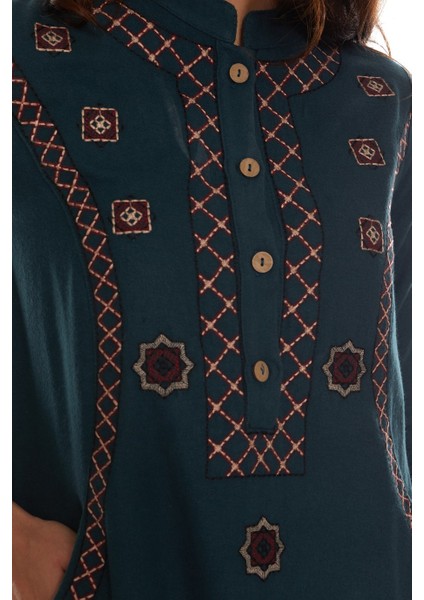 Uzun Kol Pazen Petrol Nakışlı Uzun Elbise indirimleri