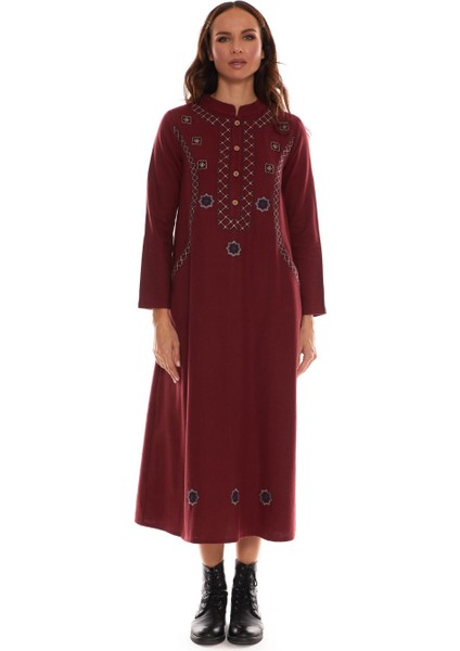 Uzun Kol Pazen Bordo Nakışlı Uzun Elbise