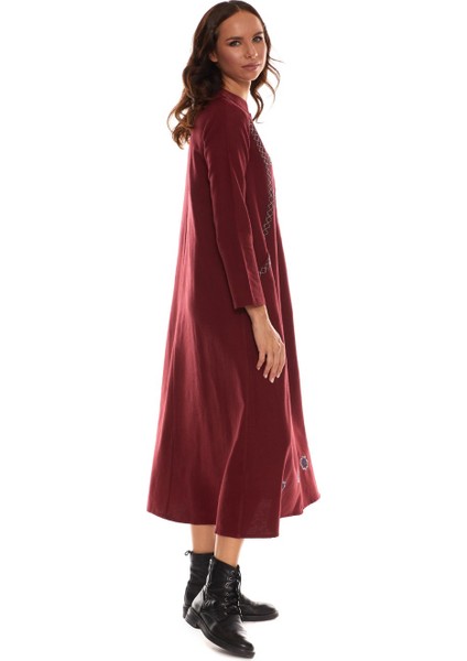 Uzun Kol Pazen Bordo Nakışlı Uzun Elbise fiyatları