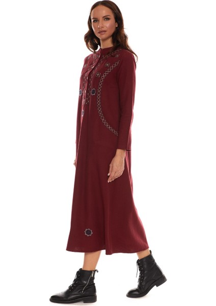 Uzun Kol Pazen Bordo Nakışlı Uzun Elbise modelleri