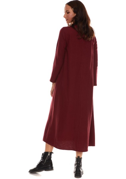 Uzun Kol Pazen Bordo Nakışlı Uzun Elbise fırsatları