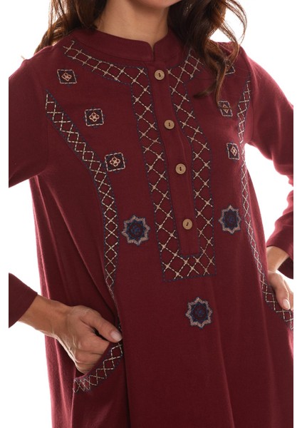 Uzun Kol Pazen Bordo Nakışlı Uzun Elbise indirimleri