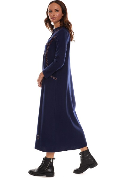 Uzun Kol Pazenlacivert Nakışlı Uzun Elbise modelleri