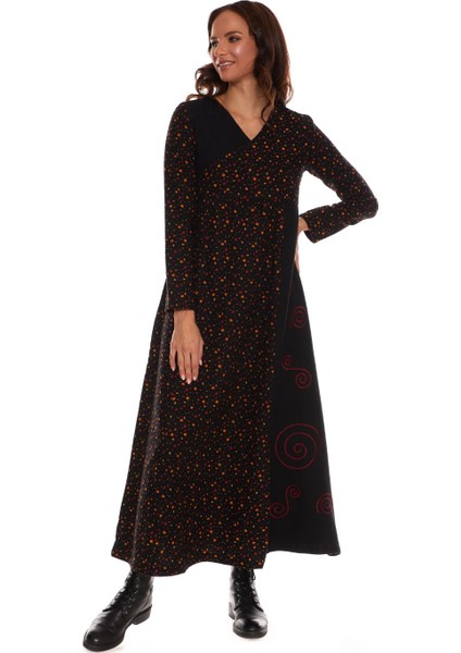 Uzun Kol Pazen Kruvaze Elbise Çiçek Desen Siyah