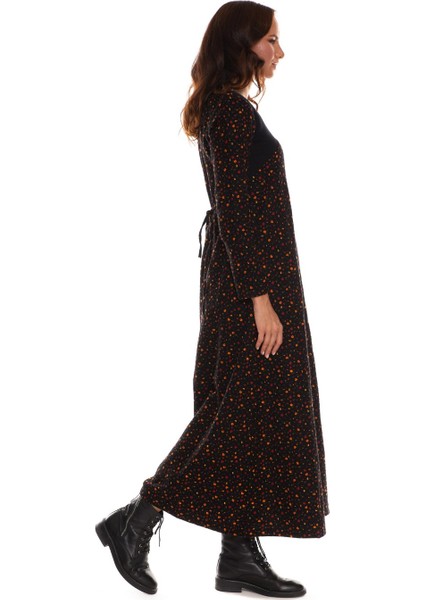 Uzun Kol Pazen Kruvaze Elbise Çiçek Desen Siyah modelleri