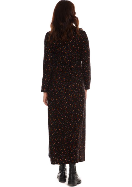 Uzun Kol Pazen Kruvaze Elbise Çiçek Desen Siyah fırsatları