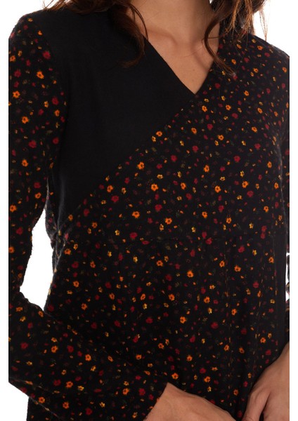 Uzun Kol Pazen Kruvaze Elbise Çiçek Desen Siyah indirimleri