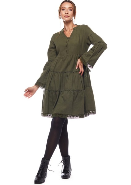 Pazen Haki Düz Desen Kısa Elbise