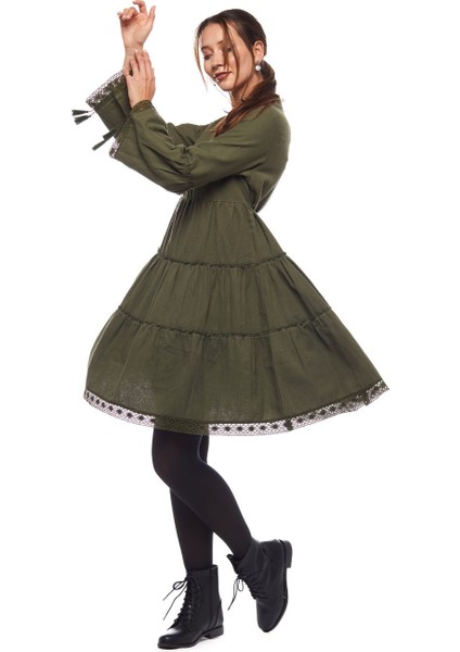 Pazen Haki Düz Desen Kısa Elbise fiyatları