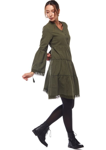 Pazen Haki Düz Desen Kısa Elbise modelleri