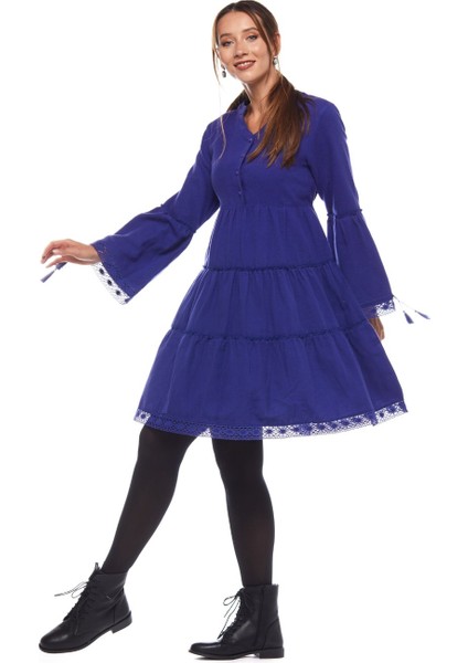 Pazen Saks Düz Desen Kısa Elbise