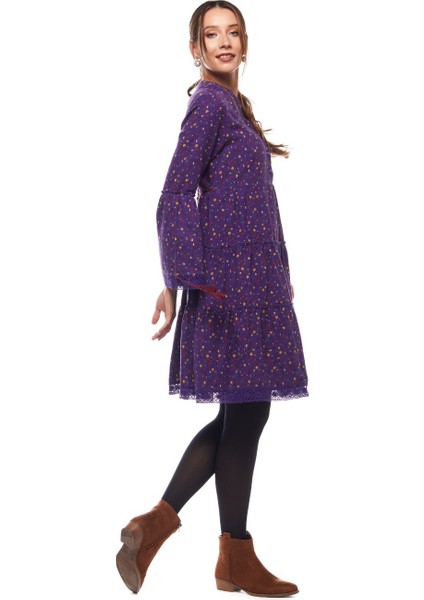 Pazen Mor Çıtır Desen Kısa Elbise indirimleri